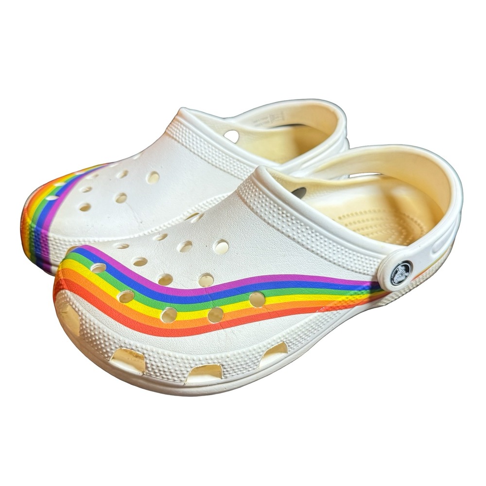 Crocs Classic Clogs Women 8 Men 6 White Rainbow Stripe Pride Comfort Shoes